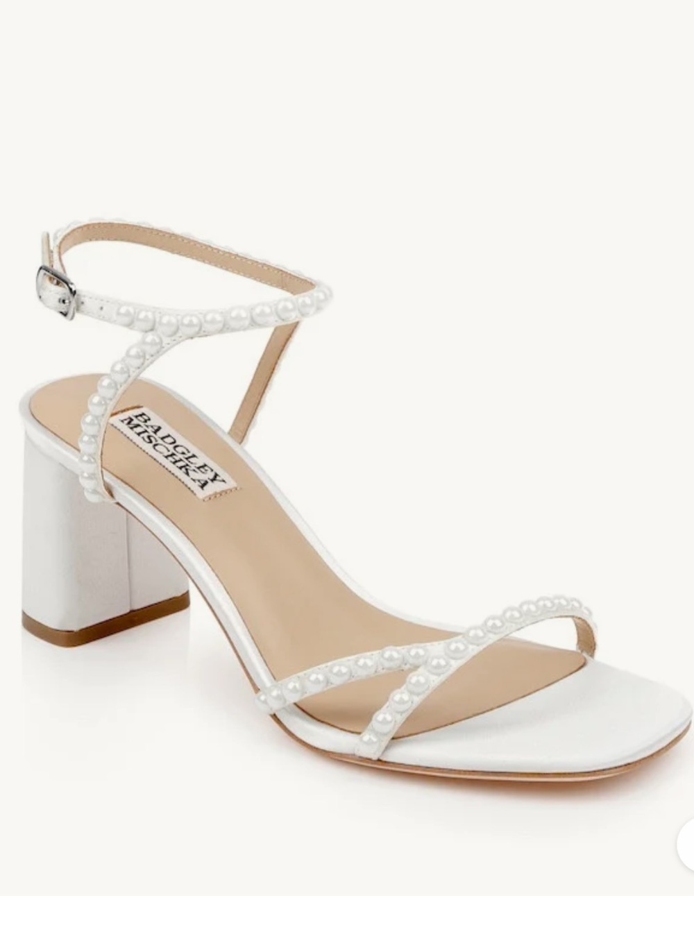 Badgley Mischka White Pearl-Strap Block Heel Sandals